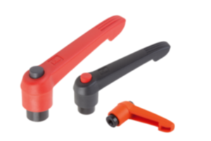 Clamping levers, plastic with internal thread and push button, threaded insert black oxidised steel - inch