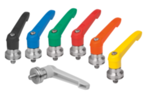 Clamping levers, plastic with external thread and clamping force intensifier, threaded insert stainless steel